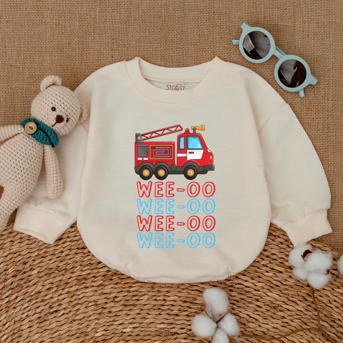 WEE-OO Firetruck Baby Romper Fun Cartoon Illustration Outfit for Boys and Girls Baby Shower Gift Comfortably Soft Cotton
