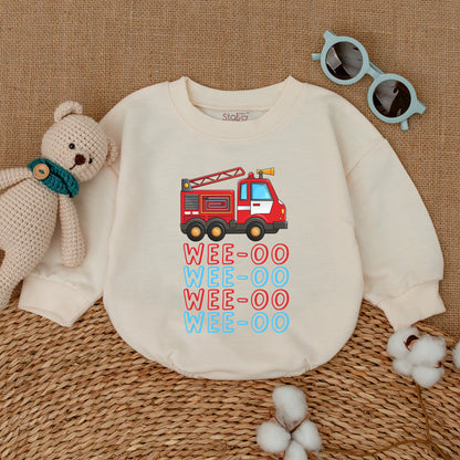 WEE-OO Firetruck Baby Romper Fun Cartoon Illustration Outfit for Boys and Girls Baby Shower Gift Comfortably Soft Cotton