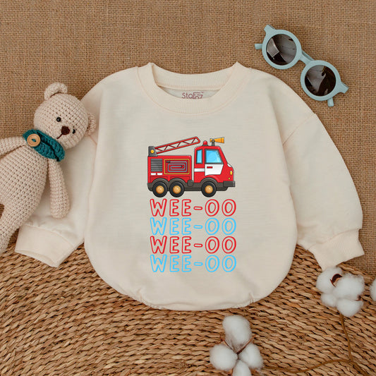 WEE-OO Firetruck Baby Romper Fun Cartoon Illustration Outfit for Boys and Girls Baby Shower Gift Comfortably Soft Cotton