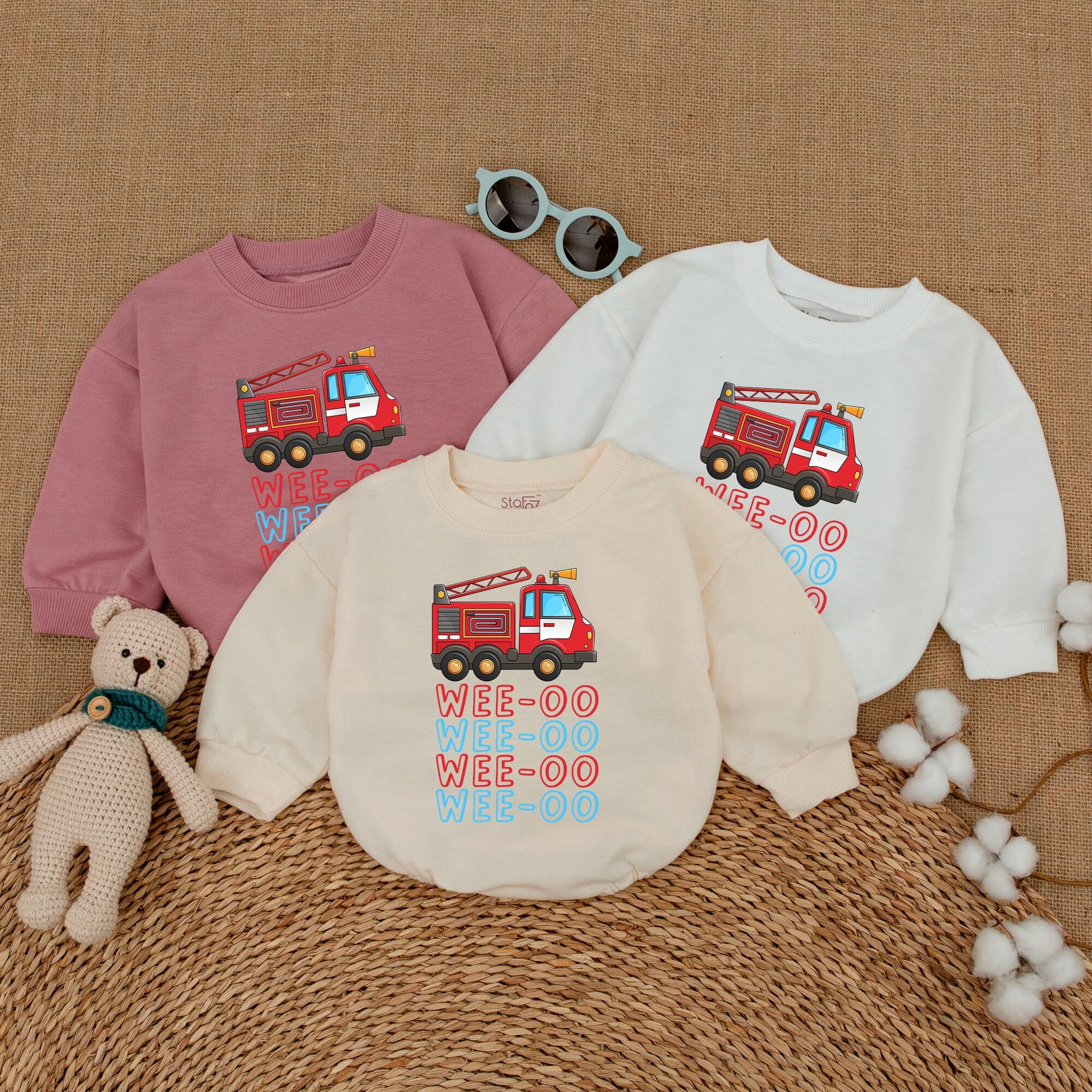 WEE-OO Firetruck Baby Romper Fun Cartoon Illustration Outfit for Boys and Girls Baby Shower Gift Comfortably Soft Cotton
