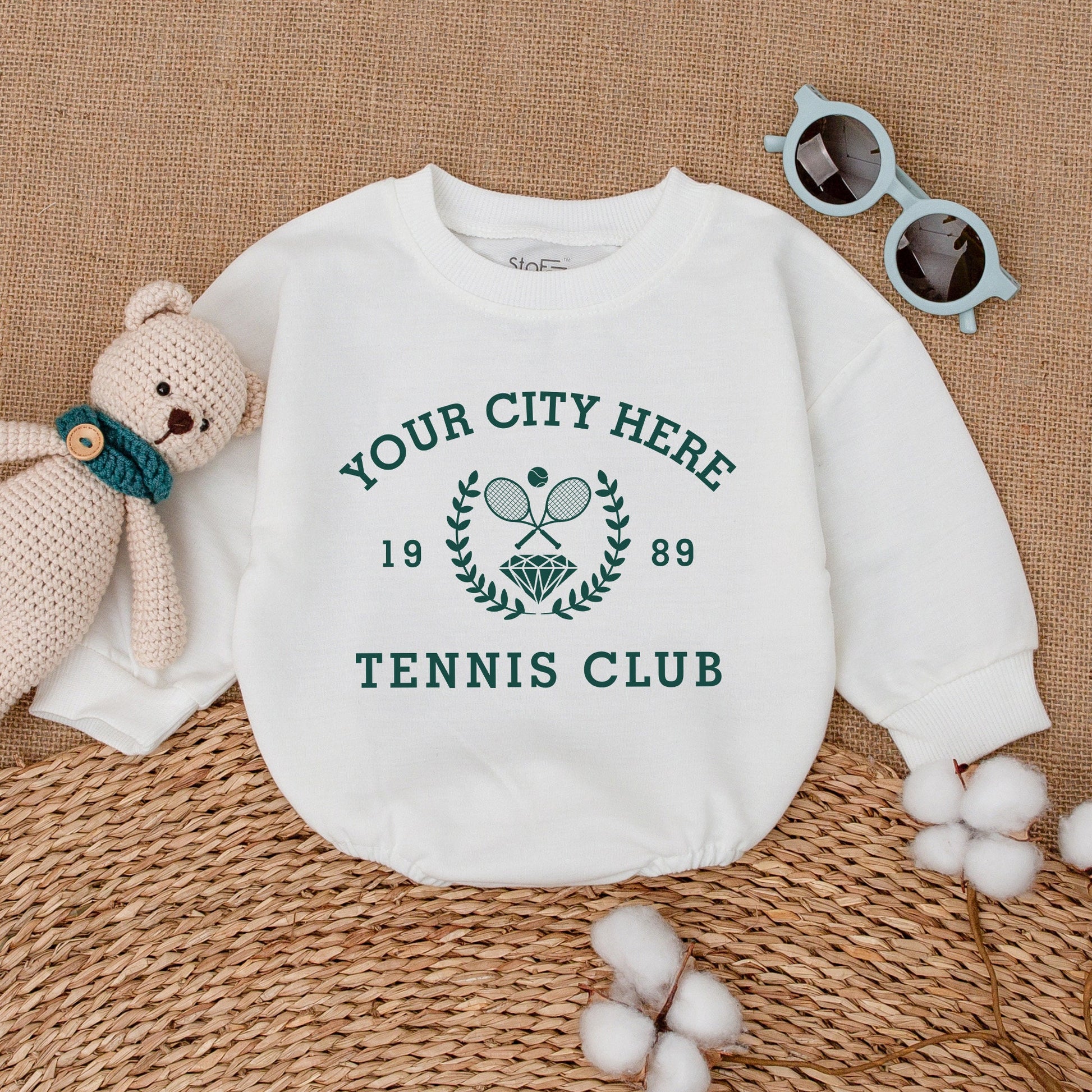 Vintage City Tennis Club Baby Romper Custom Year Tennis Bodysuit Dark Green Tennis Crew Baby Clothes Boy Bubble Romper Tennis Baby Shower Gift