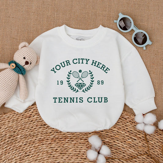 Vintage City Tennis Club Baby Romper Custom Year Tennis Bodysuit Dark Green Tennis Crew Baby Clothes Boy Bubble Romper Tennis Baby Shower Gift