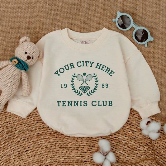 Vintage City Tennis Club Baby Romper Custom Year Tennis Bodysuit Dark Green Tennis Crew Baby Clothes Boy Bubble Romper Tennis Baby Shower Gift