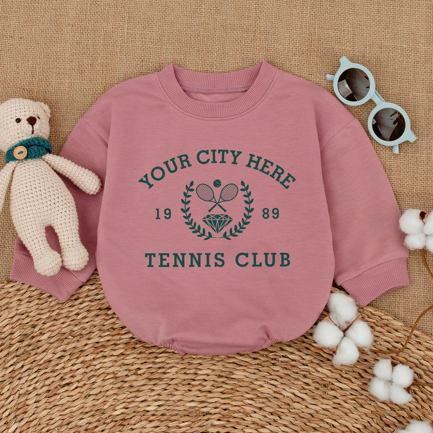 Vintage City Tennis Club Baby Romper Custom Year Tennis Bodysuit Dark Green Tennis Crew Baby Clothes Boy Bubble Romper Tennis Baby Shower Gift