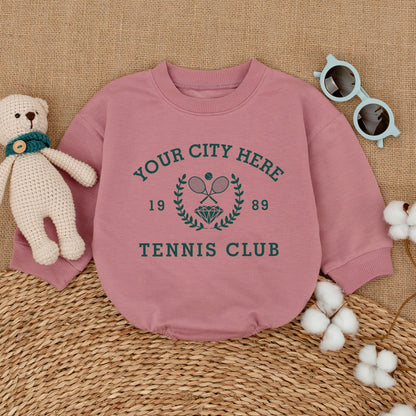 Vintage City Tennis Club Baby Romper Custom Year Tennis Bodysuit Dark Green Tennis Crew Baby Clothes Boy Bubble Romper Tennis Baby Shower Gift