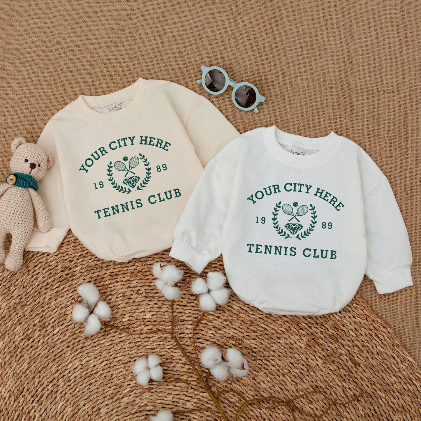 Vintage City Tennis Club Baby Romper Custom Year Tennis Bodysuit Dark Green Tennis Crew Baby Clothes Boy Bubble Romper Tennis Baby Shower Gift