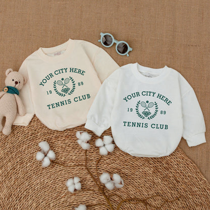 Vintage City Tennis Club Baby Romper Custom Year Tennis Bodysuit Dark Green Tennis Crew Baby Clothes Boy Bubble Romper Tennis Baby Shower Gift
