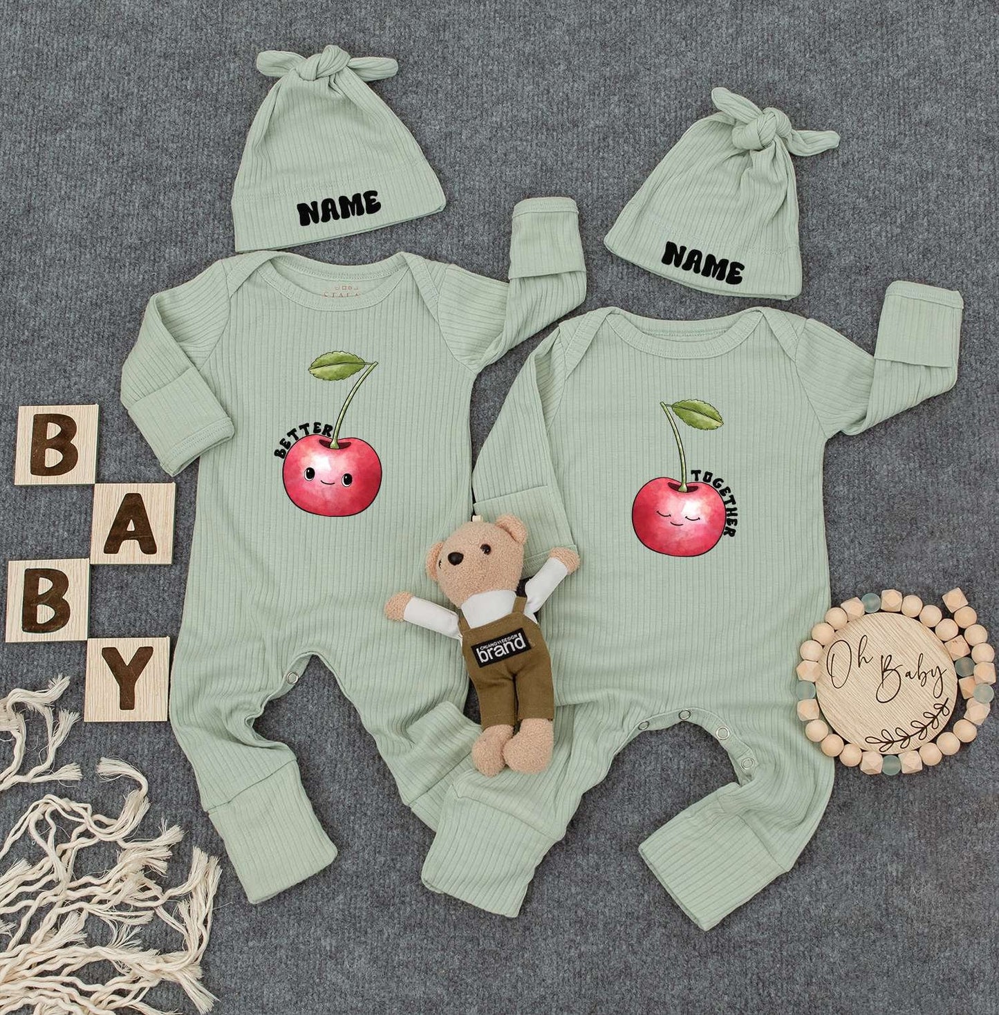 Burger & Fries Twin Bodysuits Set – Funny Work Load Outfit, Cute Newborn Baby Clothes with Hats, Gender Neutral Gift for Twins, Retro Natural Style 138