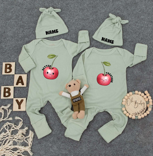 Burger & Fries Twin Bodysuits Set – Funny Work Load Outfit, Cute Newborn Baby Clothes with Hats, Gender Neutral Gift for Twins, Retro Natural Style 138