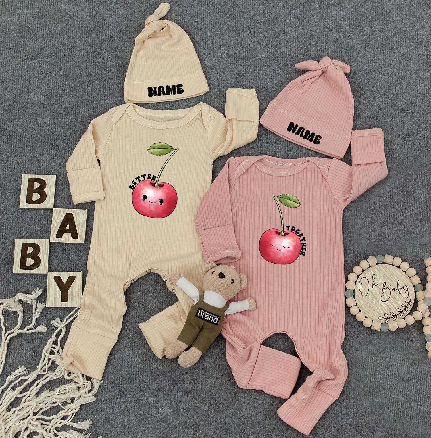 Burger & Fries Twin Bodysuits Set – Funny Work Load Outfit, Cute Newborn Baby Clothes with Hats, Gender Neutral Gift for Twins, Retro Natural Style 138