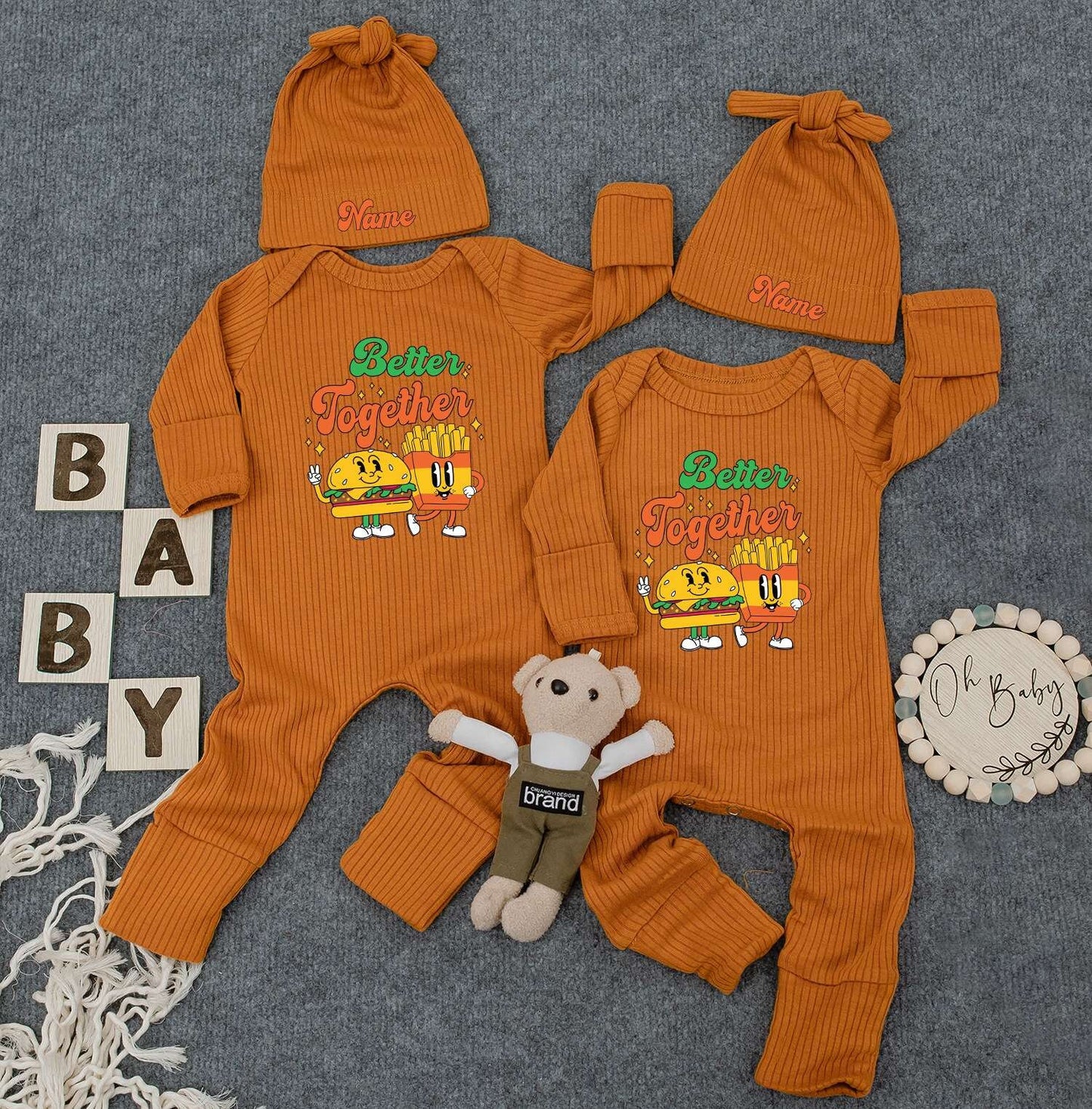 Better Together Twin Bodysuits & Hats, Funny Fries Burger Twin Outfit, Newborn Baby Gift, Set of 2, Cute Infant Clothes