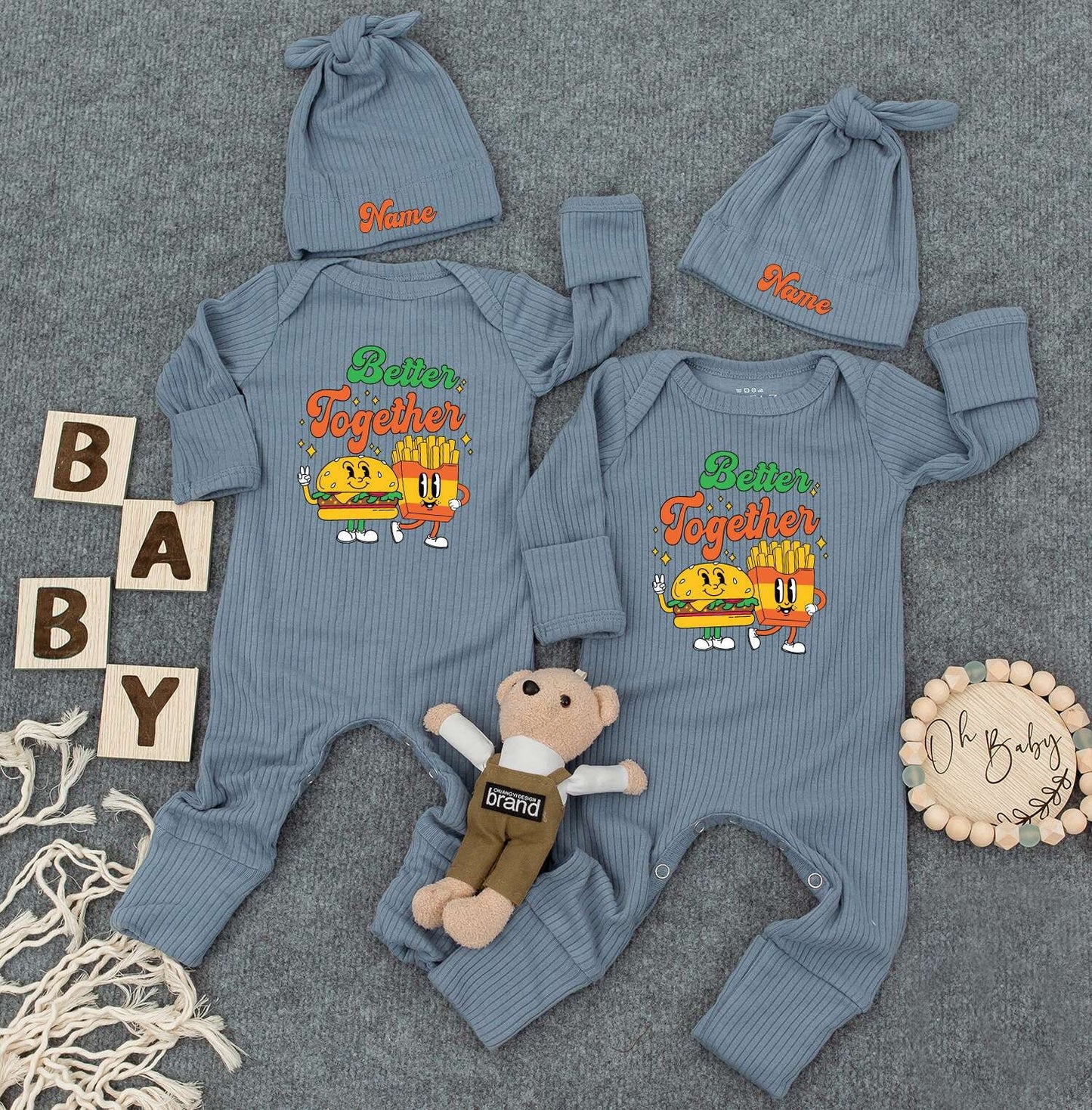 Better Together Twin Bodysuits & Hats, Funny Fries Burger Twin Outfit, Newborn Baby Gift, Set of 2, Cute Infant Clothes
