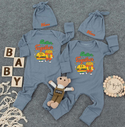 Better Together Twin Bodysuits & Hats, Funny Fries Burger Twin Outfit, Newborn Baby Gift, Set of 2, Cute Infant Clothes