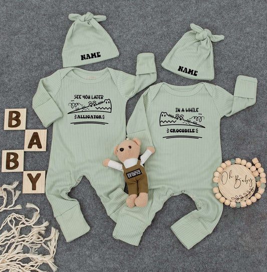 See You Later Alligator Crocodile Twin Bodysuit Set Cute Cartoon Baby Outfit Newborn Gift 2 Hats