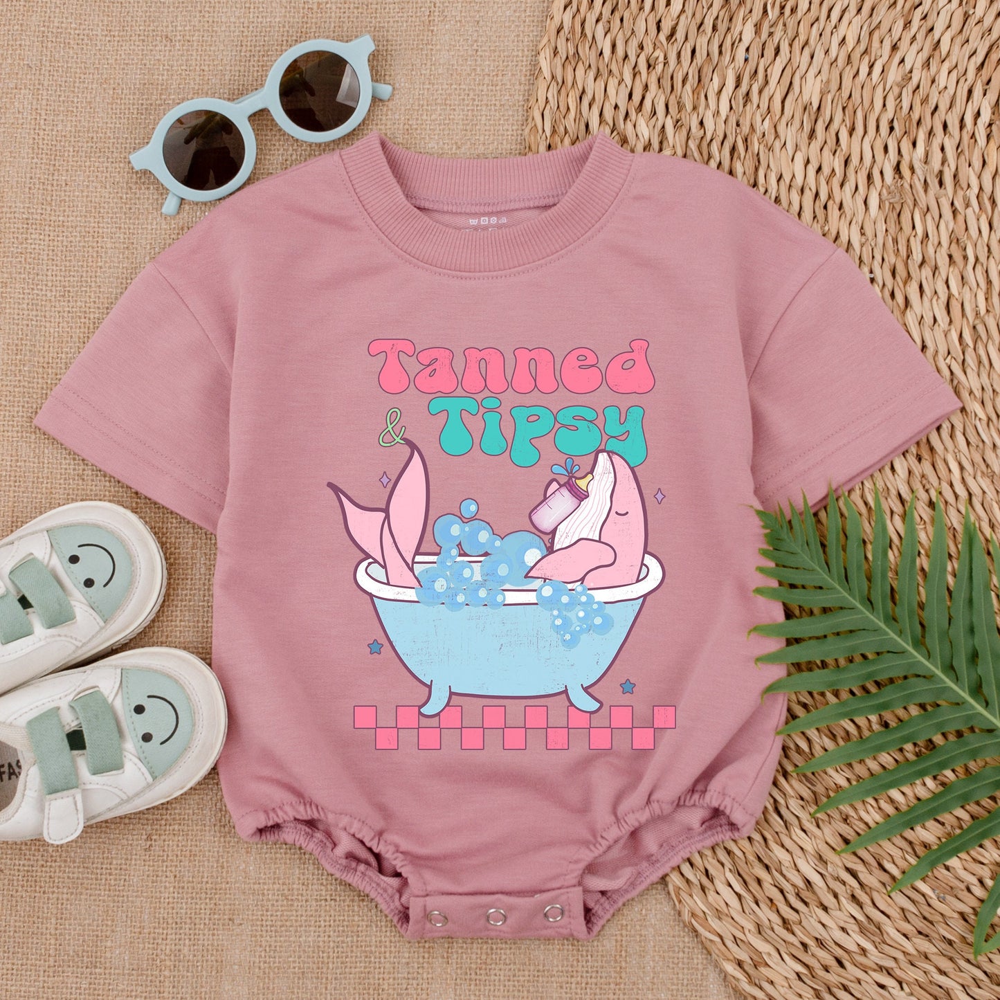 Whimsical Whale Bubble Romper Baby Girl Summer Outfit Cute Cartoon Retro Vibes Pink Teal Bubbles Gift