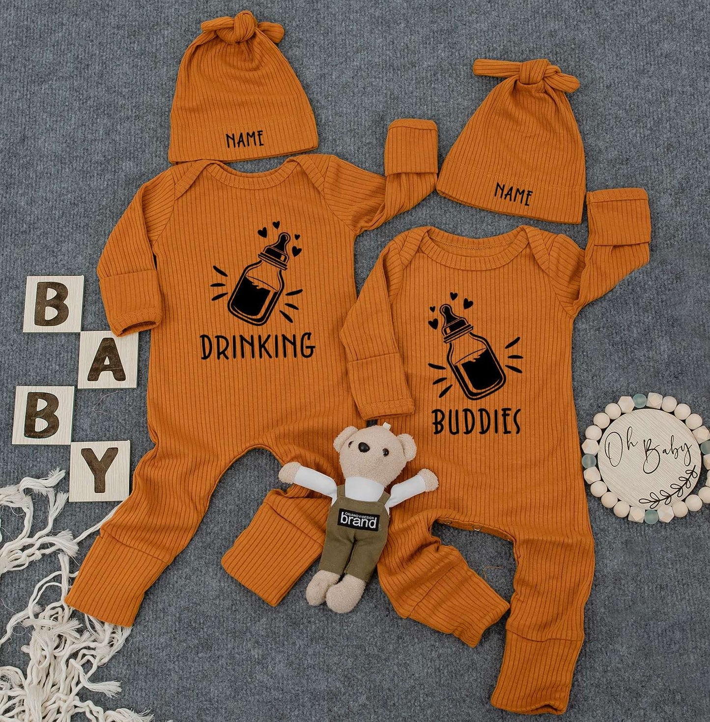 Drinking Buddies Twin Bodysuits & Hats - Funny Womb Mates Outfit for Newborn Twins, Cute Baby Gift Set