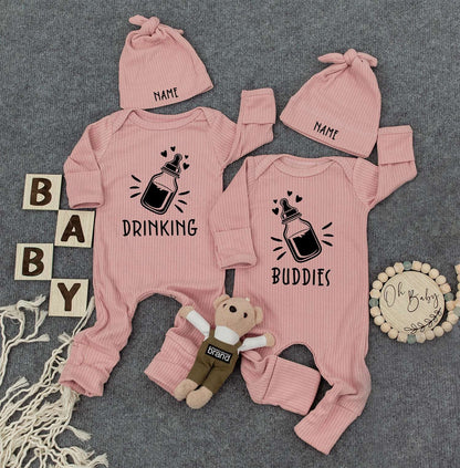 Drinking Buddies Twin Bodysuits & Hats - Funny Womb Mates Outfit for Newborn Twins, Cute Baby Gift Set