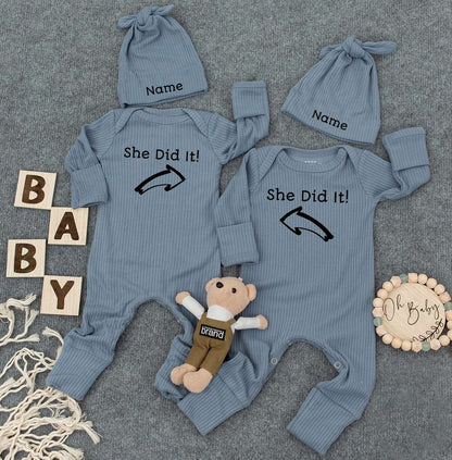 Newborn Twin Outfits, She Did It Twin Sets & Matching Hats, Funny Twin Outfits, Unisex Twin Outfits