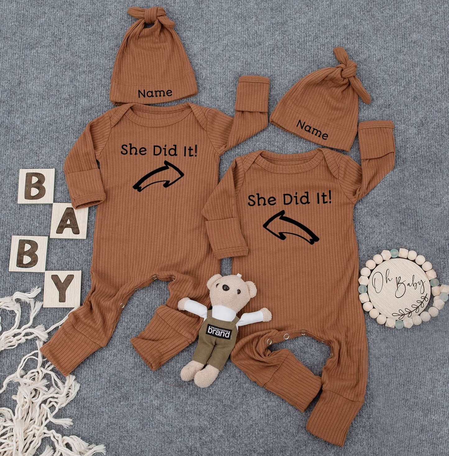 Newborn Twin Outfits, She Did It Twin Sets & Matching Hats, Funny Twin Outfits, Unisex Twin Outfits