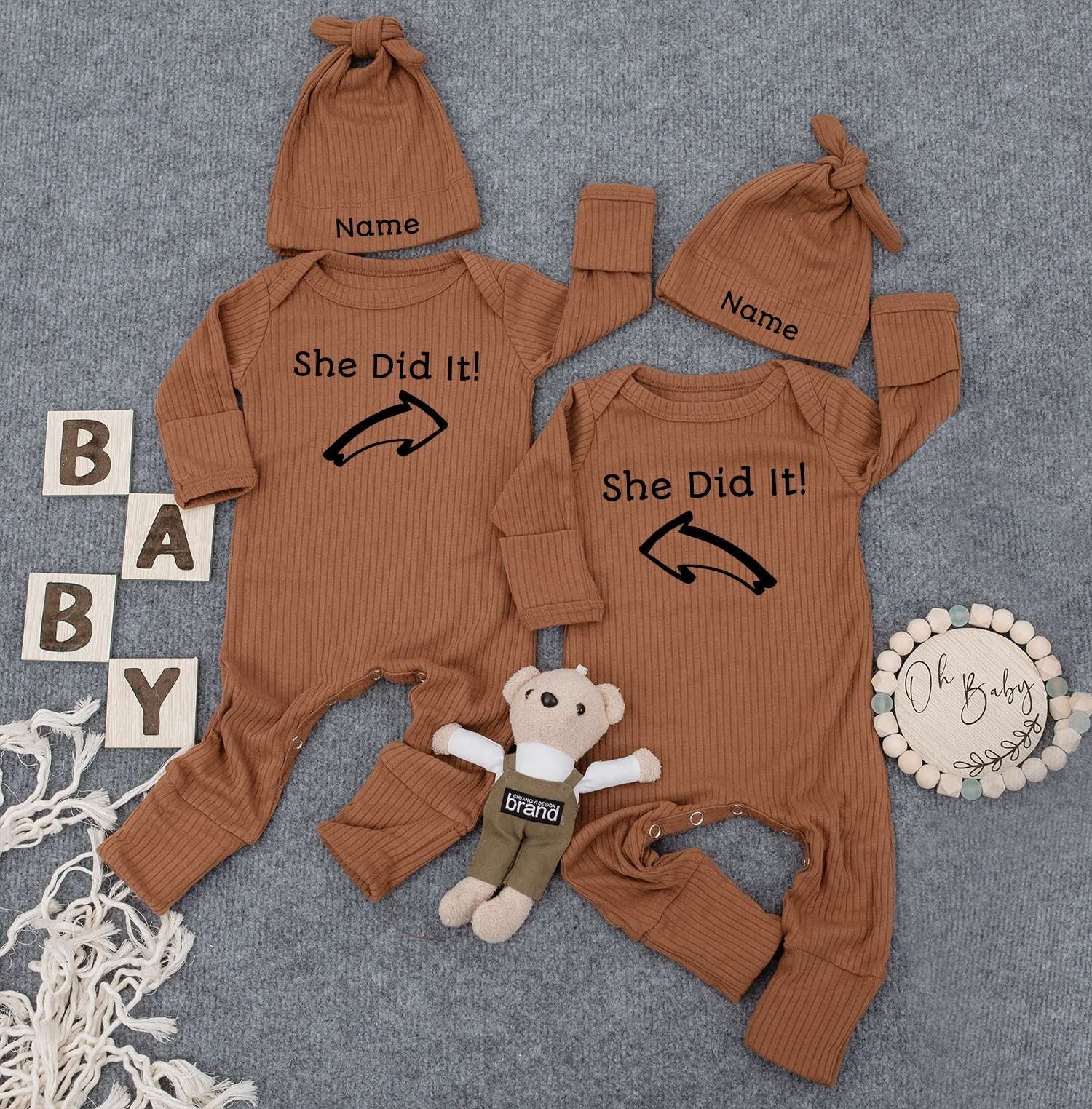 Newborn Twin Outfits, She Did It Twin Sets & Matching Hats, Funny Twin Outfits, Unisex Twin Outfits
