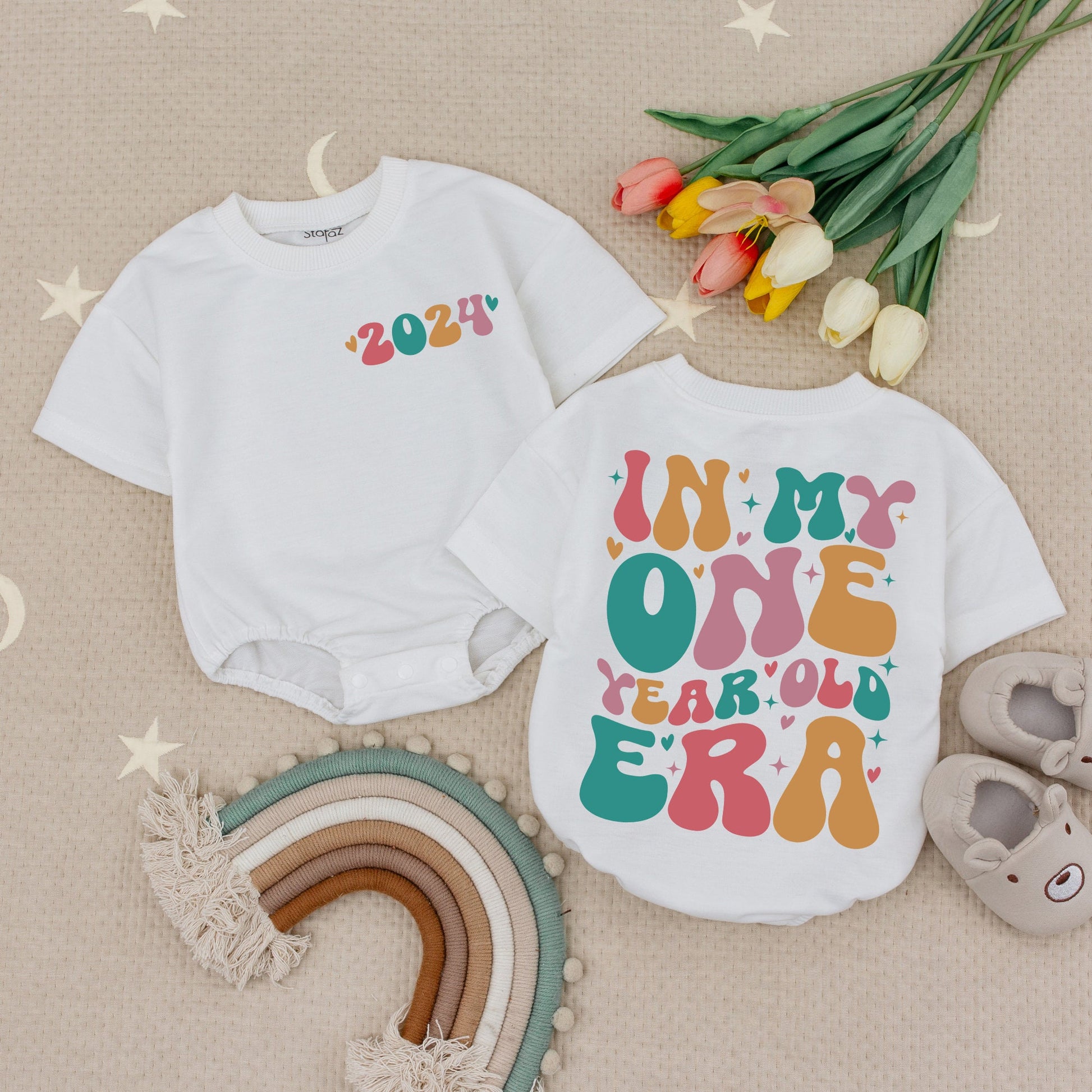 In My One Year Old Era Custom Name Baby Romper Girl First Birthday Outfit Playful Retro Teal Pink Orange Heart Star Design Bodysuit Clothes