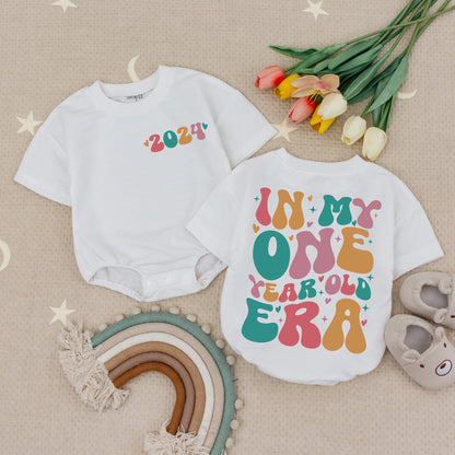 In My One Year Old Era Custom Name Baby Romper Girl First Birthday Outfit Playful Retro Teal Pink Orange Heart Star Design Bodysuit Clothes