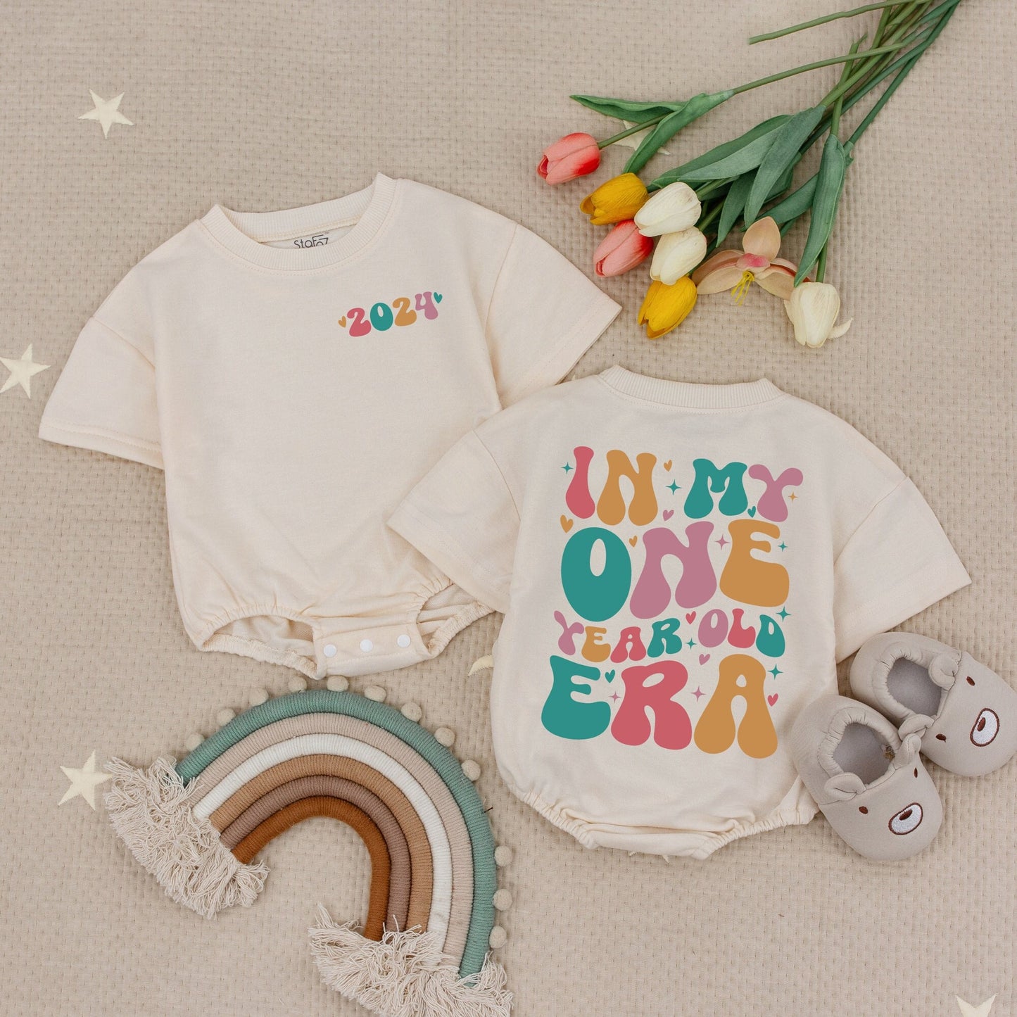 In My One Year Old Era Custom Name Baby Romper Girl First Birthday Outfit Playful Retro Teal Pink Orange Heart Star Design Bodysuit Clothes