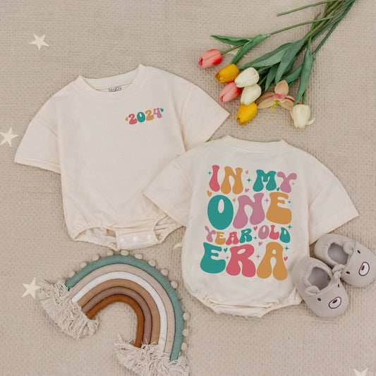 In My One Year Old Era Custom Name Baby Romper Girl First Birthday Outfit Playful Retro Teal Pink Orange Heart Star Design Bodysuit Clothes
