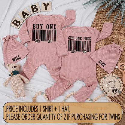 Funny Buy One Get One Free Twin Baby Bodysuit Hat Set with Modern Barcode Design, Newborn Coming Home Gift Matching Outfits for Boy Girl