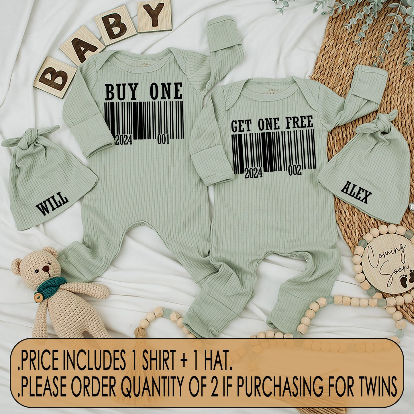 Funny Buy One Get One Free Twin Baby Bodysuit Hat Set with Modern Barcode Design, Newborn Coming Home Gift Matching Outfits for Boy Girl