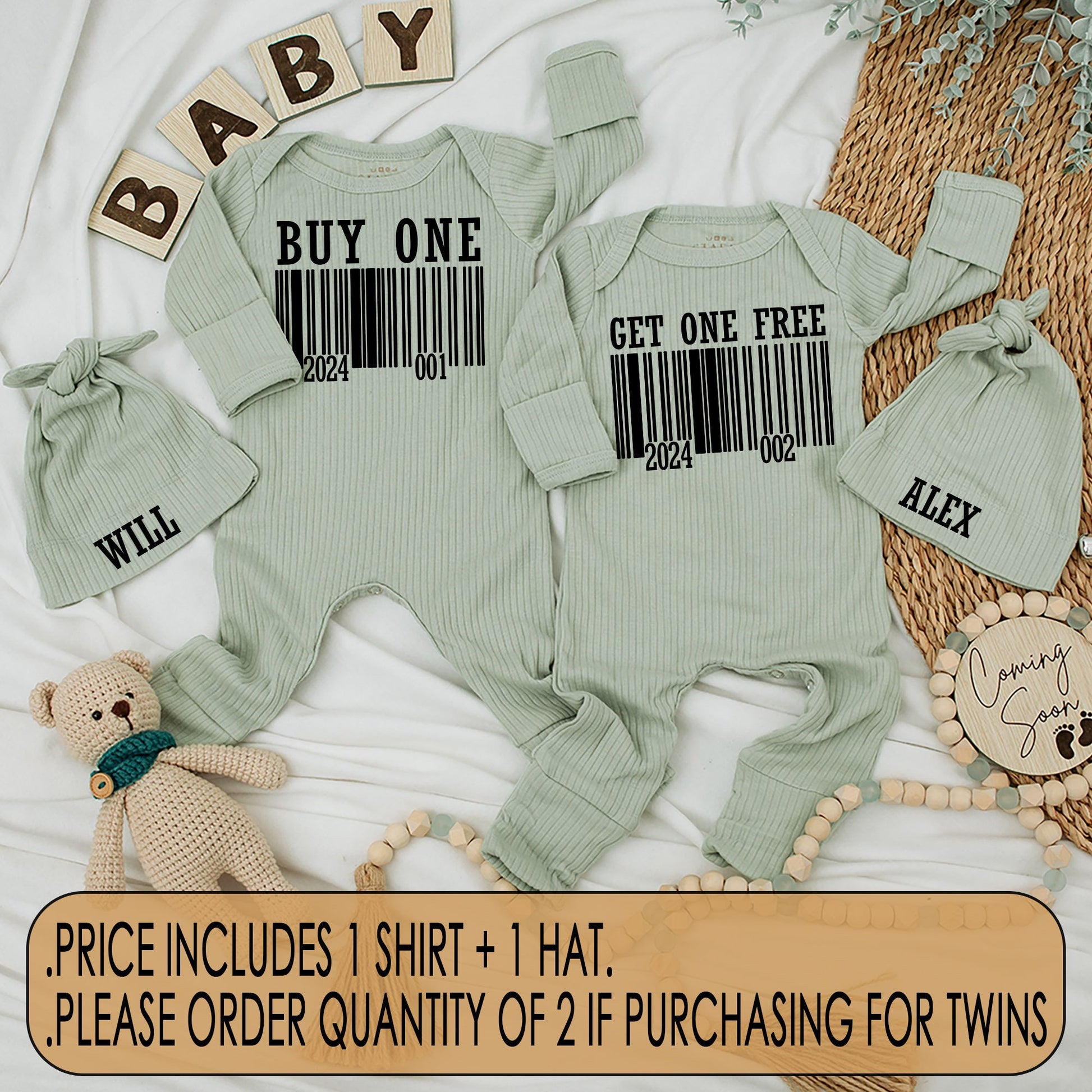 Funny Buy One Get One Free Twin Baby Bodysuit Hat Set with Modern Barcode Design, Newborn Coming Home Gift Matching Outfits for Boy Girl