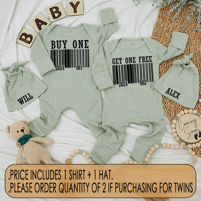 Funny Buy One Get One Free Twin Baby Bodysuit Hat Set with Modern Barcode Design, Newborn Coming Home Gift Matching Outfits for Boy Girl
