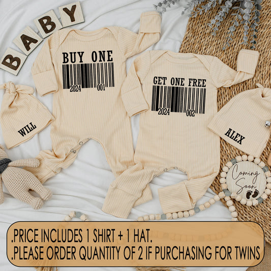 Funny Buy One Get One Free Twin Baby Bodysuit Hat Set with Modern Barcode Design, Newborn Coming Home Gift Matching Outfits for Boy Girl