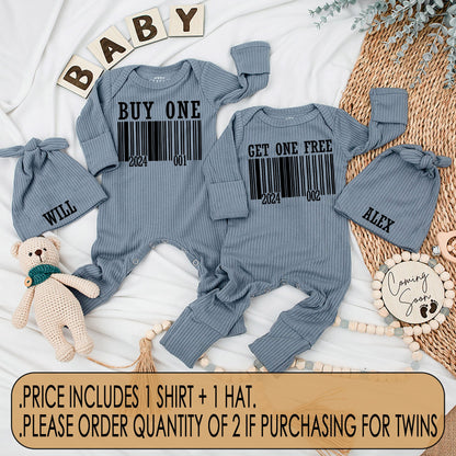 Funny Buy One Get One Free Twin Baby Bodysuit Hat Set with Modern Barcode Design, Newborn Coming Home Gift Matching Outfits for Boy Girl