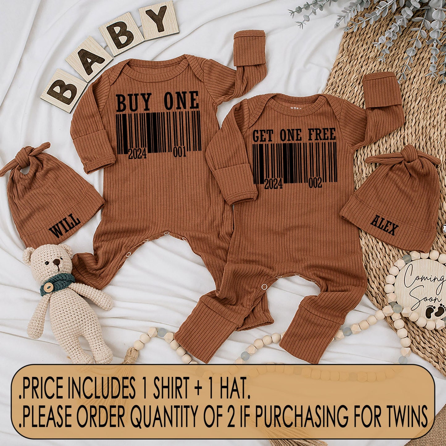 Funny Buy One Get One Free Twin Baby Bodysuit Hat Set with Modern Barcode Design, Newborn Coming Home Gift Matching Outfits for Boy Girl