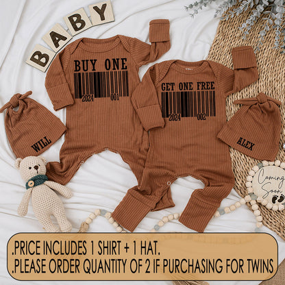Funny Buy One Get One Free Twin Baby Bodysuit Hat Set with Modern Barcode Design, Newborn Coming Home Gift Matching Outfits for Boy Girl