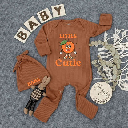 Little Cutie Retro Baby Bodysuit and Hat Set Orange Green Fruit Cartoon Design Playful Newborn Going Home Outfit Sweet Baby Gift Keepsake