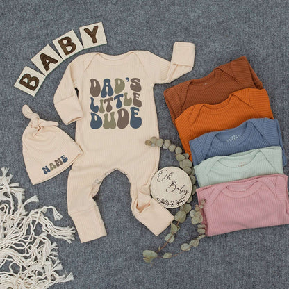 Dad's Little Dude Baby Bodysuit and Hat Set Retro Groovy Font Vintage Style New Baby Shower Gift Going Home Outfit Father's Day Keepsake