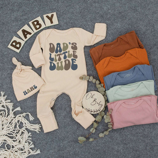 Dad's Little Dude Baby Bodysuit and Hat Set Retro Groovy Font Vintage Style New Baby Shower Gift Going Home Outfit Father's Day Keepsake