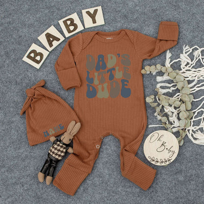 Dad's Little Dude Baby Bodysuit and Hat Set Retro Groovy Font Vintage Style New Baby Shower Gift Going Home Outfit Father's Day Keepsake