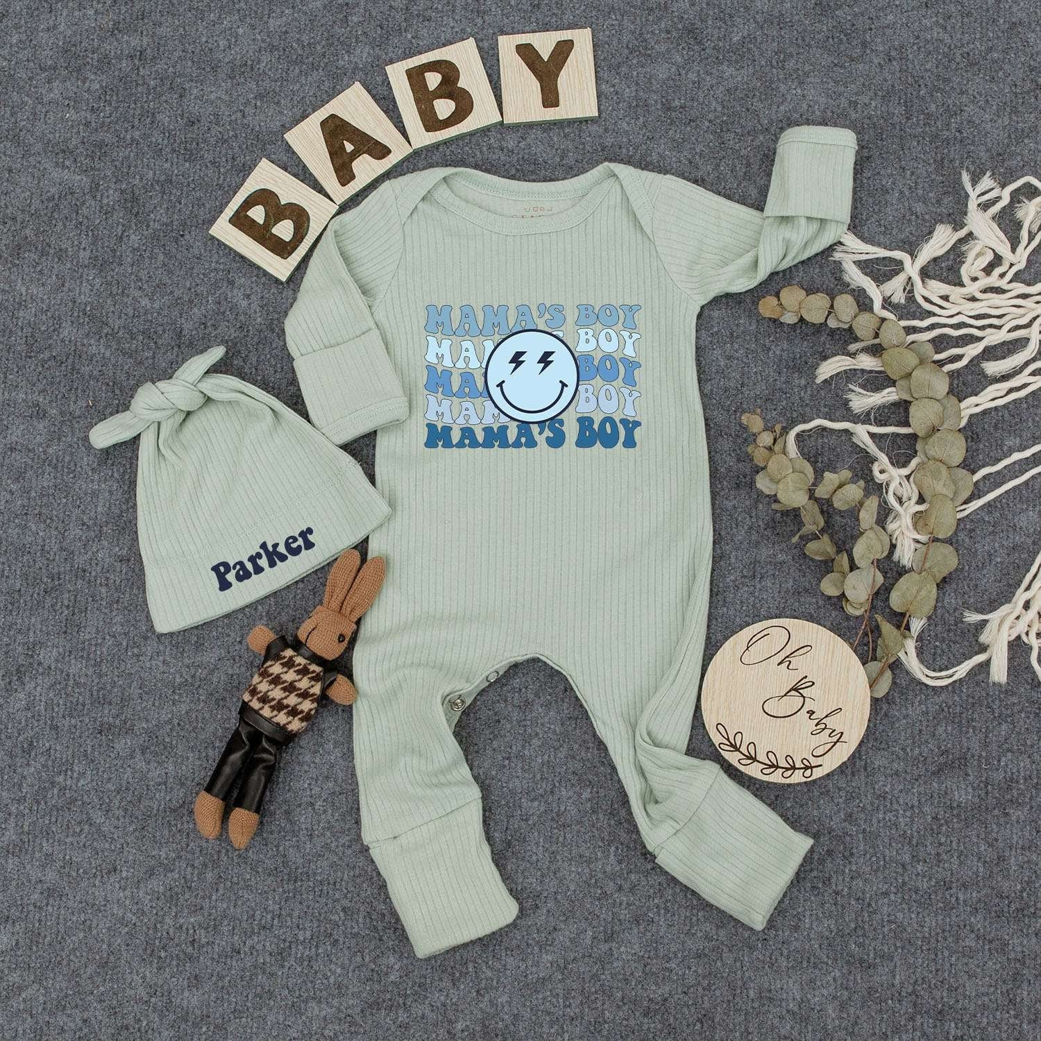 Personalized Mama's Boy Retro Bodysuit Hat Set Wavy Blue Smiley Face Lightning Bolt Infant Newborn Boy Outfit Comfortable New Mom Gift