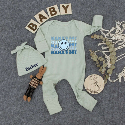 Personalized Mama's Boy Retro Bodysuit Hat Set Wavy Blue Smiley Face Lightning Bolt Infant Newborn Boy Outfit Comfortable New Mom Gift