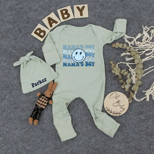 Personalized Mama's Boy Retro Bodysuit Hat Set Wavy Blue Smiley Face Lightning Bolt Infant Newborn Boy Outfit Comfortable New Mom Gift