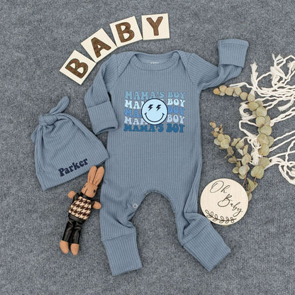 Personalized Mama's Boy Retro Bodysuit Hat Set Wavy Blue Smiley Face Lightning Bolt Infant Newborn Boy Outfit Comfortable New Mom Gift