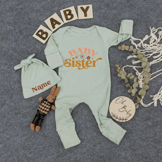 Personalized Baby Sister Bodysuit and Hat Set with Name, Retro Pink Mustard Flowers Cute Newborn Girl Gift Announcement Sleepsuit Romper