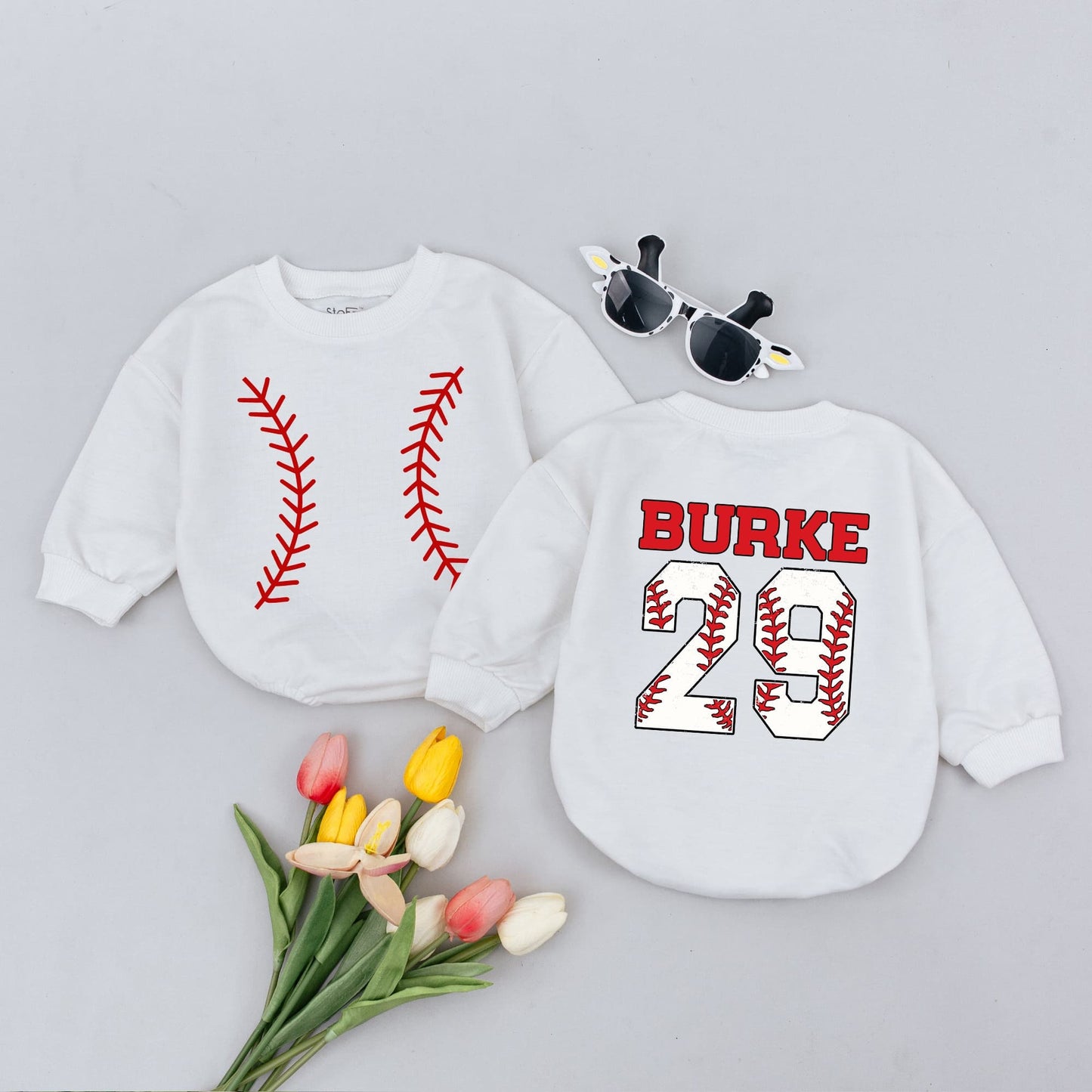 Custom Baseball Jersey Bodysuit for Baby with Personalized Name and Number Sporty Red Stitching Design Infant Boy Girl Shower Gift