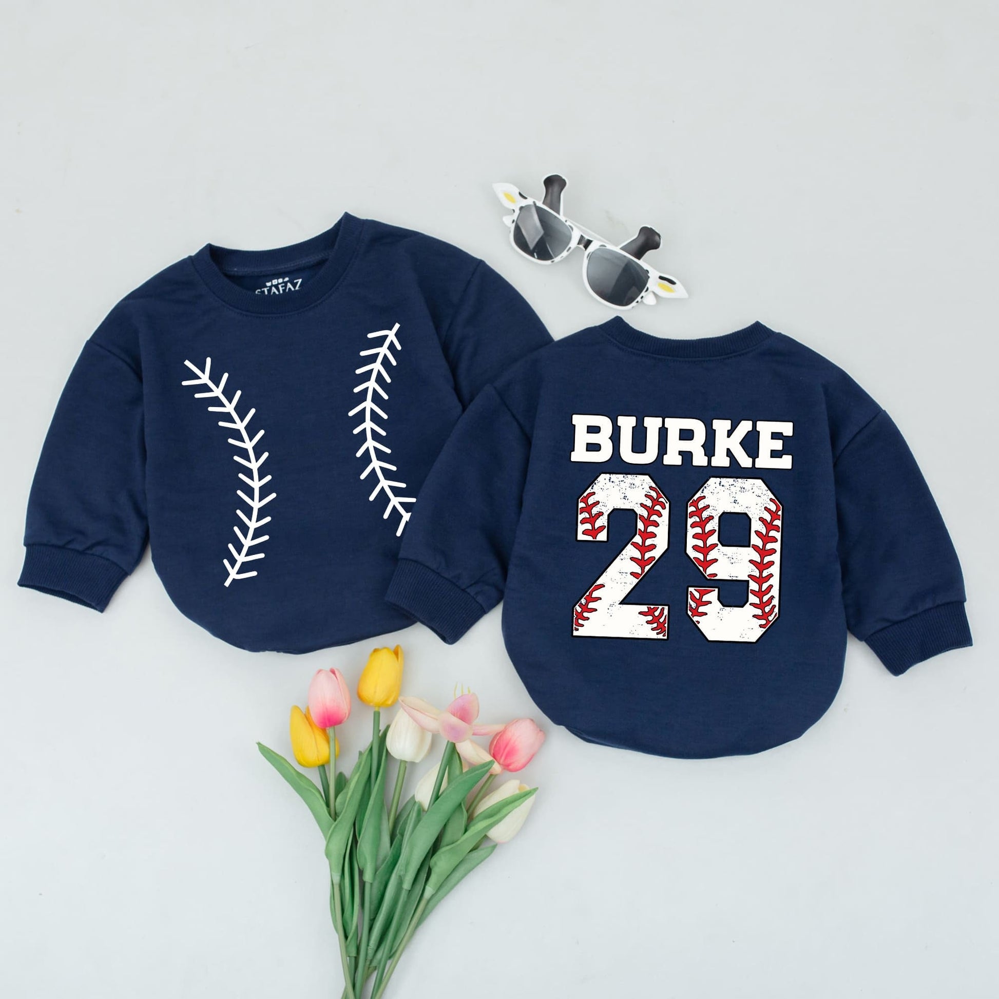 Custom Baseball Jersey Bodysuit for Baby with Personalized Name and Number Sporty Red Stitching Design Infant Boy Girl Shower Gift