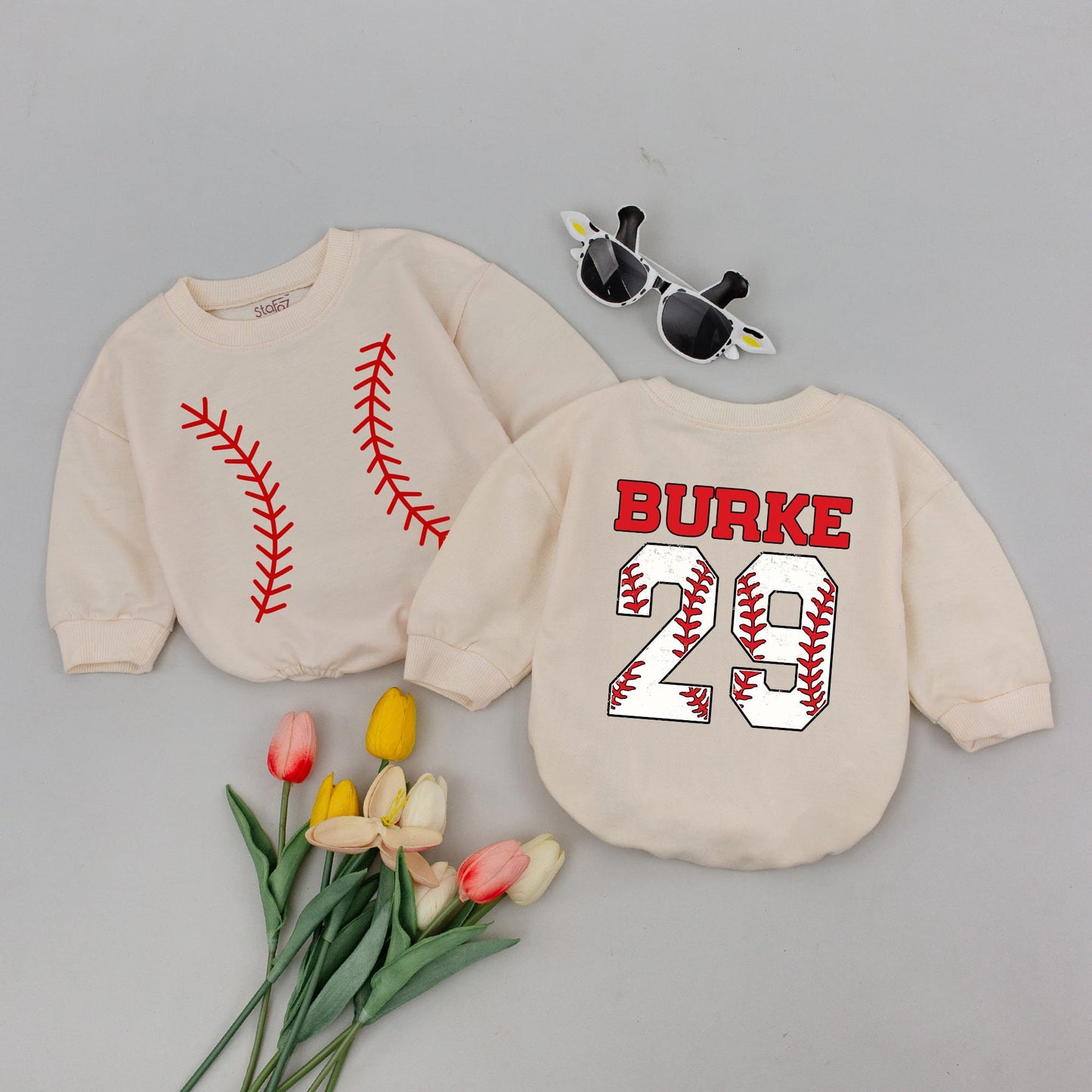 Custom Baseball Jersey Bodysuit for Baby with Personalized Name and Number Sporty Red Stitching Design Infant Boy Girl Shower Gift