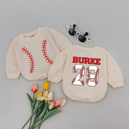 Custom Baseball Jersey Bodysuit for Baby with Personalized Name and Number Sporty Red Stitching Design Infant Boy Girl Shower Gift