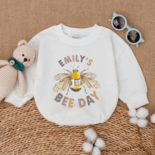 Personalized First Bee Day Birthday Romper for Baby Girl, Emily's Bee Day Outfit, Watercolor Honeybee Gold Smash Cake Bodysuit